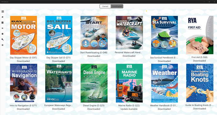 Screenshot from the RYA Books app for Windows 10 and Windows 11, showing the My Owned eBooks section in landscape view